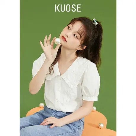 阔色法式泡泡袖上衣女新款夏季甜美娃娃领衬衣白色短袖衬衫商品大图