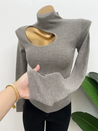 秋冬也小心机！设计感镂空高领羊毛针织衫长袖打底上衣内搭女2023图片