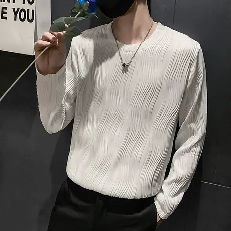 秋季男t恤上衣潮牌长袖修身潮流圆领体恤条纹纯色百搭个性打底衫商品大图
