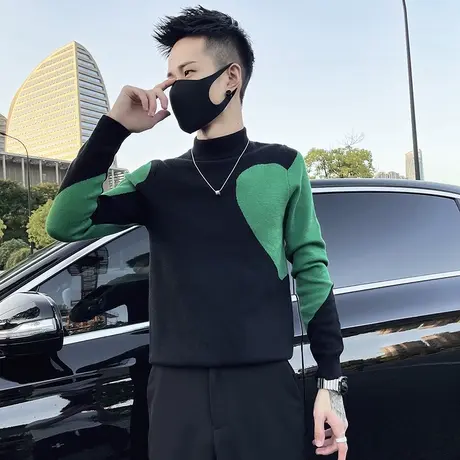 秋冬装潮牌毛衣男士痞帅体恤2023新款个性网红修身拼色针织打底衫商品大图