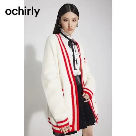 【呼呼严选专享】欧时力 中长款针织开衫春条纹外套图片