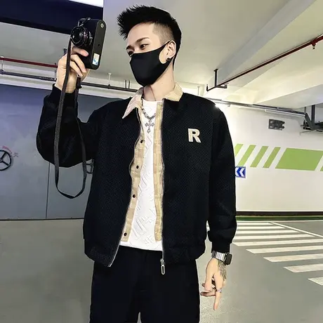 春秋季潮牌假两件外套休闲痞帅男装上衣2023新款褂子潮牌春装夹克商品大图