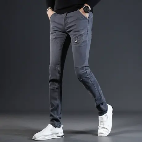 工装休闲牛仔裤男秋冬款修身小脚2023新款灰色弹力百搭男士裤子商品大图