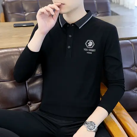 青年大码印花翻领polo衫男士长袖t恤秋装打底衫潮流休闲纯棉汗衫商品大图