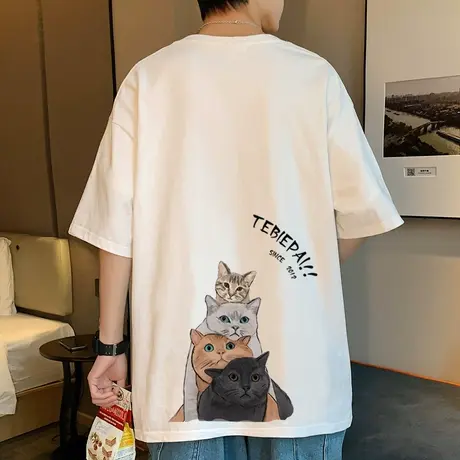 夏季卡通猫咪印花纯棉短袖T恤男ins潮牌情侣港风衣服男女宽松体恤商品大图
