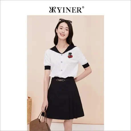 YINER音儿线上专选女装2023夏季钉钻短袖针织衫海军领撞色商品大图