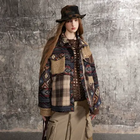 国潮设计感拼接外套女春秋2024新款复古情侣夹克宽松oversize上衣图片