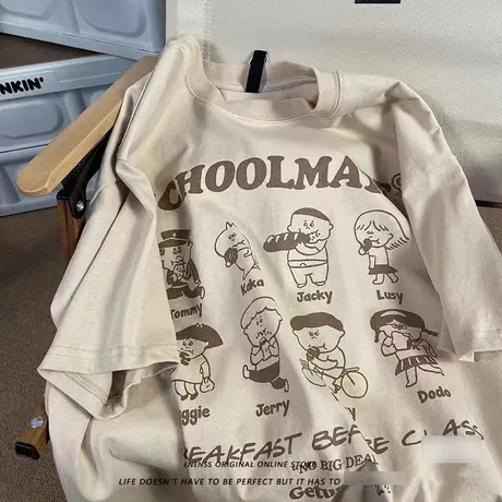 美式复古vintage校园风趣味卡通情侣短袖oversize男女宽松小众T恤图片