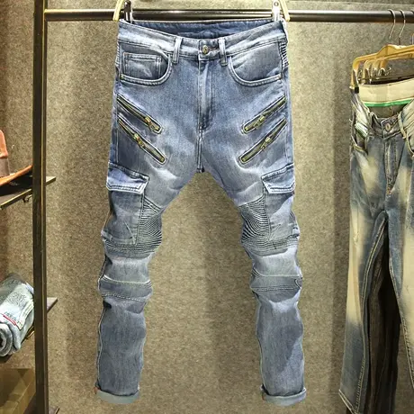 2024年新款牛仔裤男修身小脚裤潮牌拉链装饰设计蓝色美式机车裤子商品大图