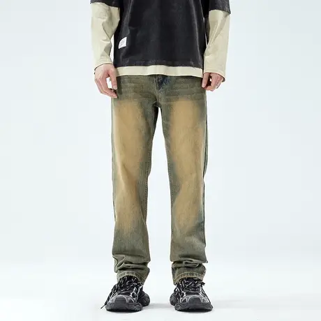 美式复古牛仔裤男潮牌宽松休闲加长版大码阔腿垂感直筒裤子黄泥色商品大图