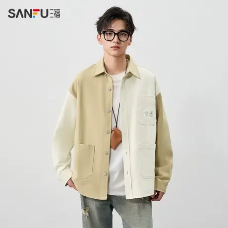 三福2024春季男士顺色拼接长衬衫 日系户外翻领纯棉上衣482336商品大图