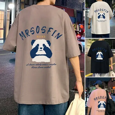 纯棉宽松夏季短袖t恤男新款熊猫印花圆领体恤薄款潮流休闲半袖衫商品大图
