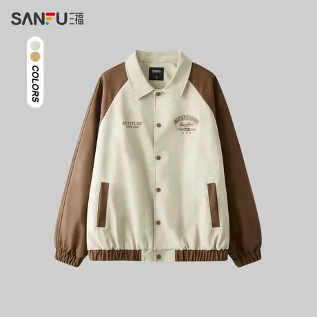 三福2024春季男士撞色PU皮插肩袖夹克 时尚宽松翻领外套482573商品大图