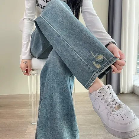 破洞阔腿牛仔裤女2024春秋新款高腰显瘦直筒垂感梨形身材拖地裤子商品大图