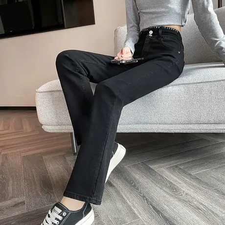 窄版直筒牛仔裤女春秋修身显瘦烟管裤秋冬加绒高腰黑色法棍长裤潮商品大图