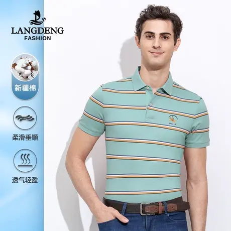 浪登夏季新款短袖t恤男上衣翻领条纹修身商务休闲polo衫男透气商品大图