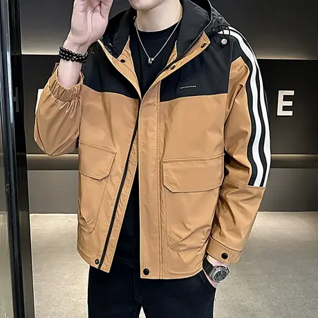 连帽冲锋衣男春季潮牌户外休闲夹克撞色拼接痞帅2024新款工装外套商品大图