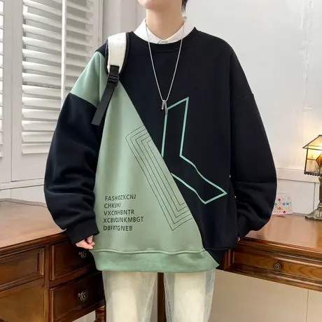 重磅纯棉圆领卫衣男春季印花拼接撞色打底衫情侣宽松大码外套潮流图片