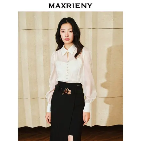 MAXRIENY宫廷复古风分割设计收腰绑带雪纺衫2024春款修身显瘦上衣图片