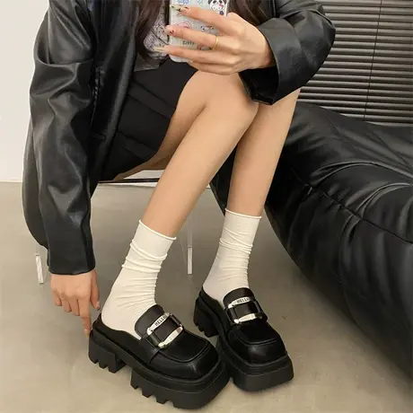 英伦风厚底粗跟包头拖鞋女2024年春季新款外穿高跟半拖小个子凉拖商品大图