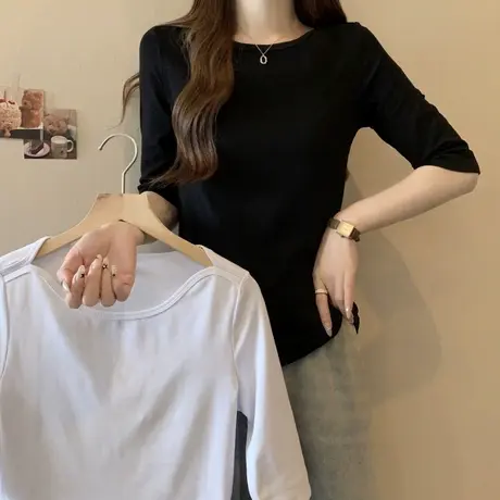 ins超火纯色五分袖T恤女夏装百搭修身显瘦打底衫韩版外穿短袖上衣商品大图