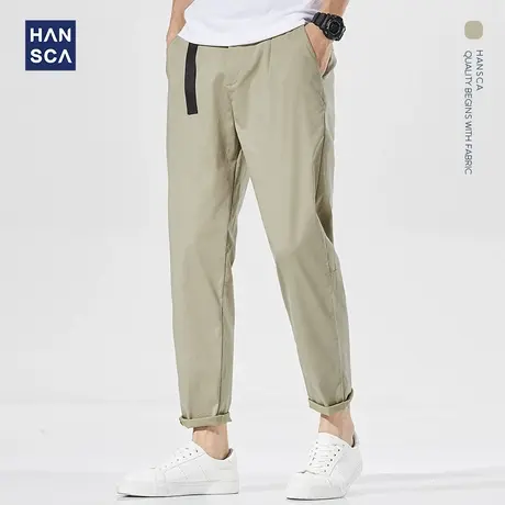 汉斯卡 2021夏季新款斜纹九分休闲裤男薄款卡其色直筒弹力9分裤潮商品大图