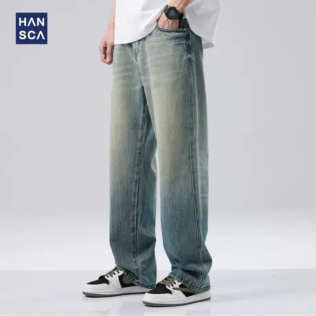 hansca宽松直筒牛仔裤男春季新款复古高街潮牌水洗做旧休闲长裤子商品大图