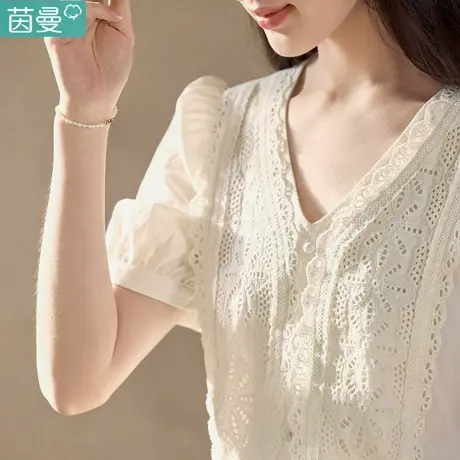 茵曼女装官方旗舰店短袖衬衫女纯棉衬衣2024夏季新款田园白色上衣图片