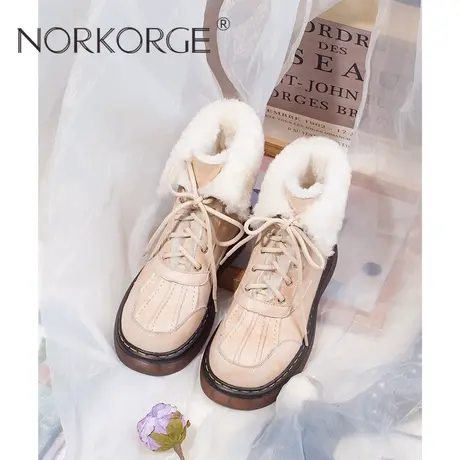 原创新款手工复古短靴伤痕白真毛雪地靴女真皮圆头粗跟厚底雪地靴图片