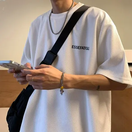 夏季华夫格短袖t恤男ins宽松潮牌简约美式圆领上衣潮流内搭体恤衫商品大图