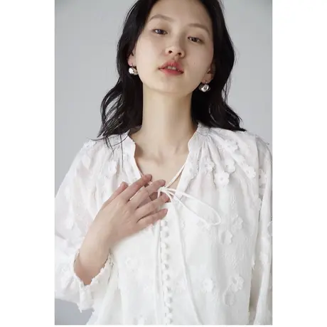 嘉茱莉2023夏季新款薄纱法式衬衫花朵刺绣V领宽松上衣设计感小众图片