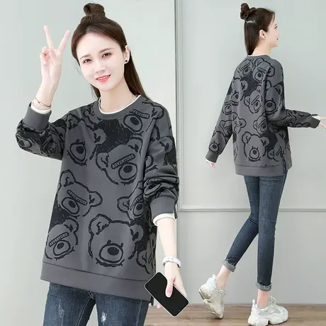 圆领小熊卫衣女2023年秋冬新款时尚休闲上衣宽松棉质套头衫外套潮商品大图