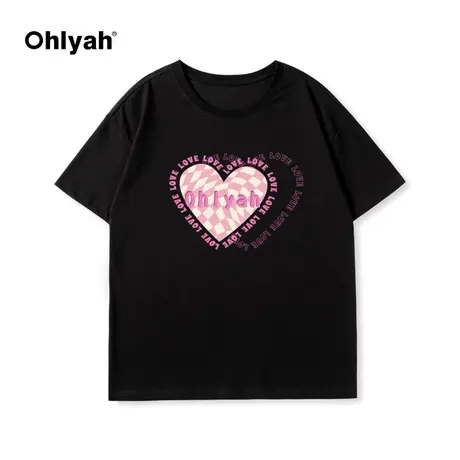 Ohlyah爱心字母圆领短袖T恤女2023年夏季新款甜辣小众情侣班服商品大图