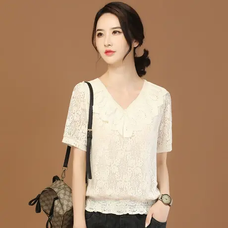 韩潮袭人V领镂空短袖雪纺蕾丝小衫女2023夏季新款休闲百搭T恤上衣图片