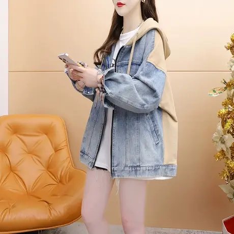 减10】春秋连帽牛仔外套女2023新款早秋季洋气减龄设计感拼接上衣商品大图