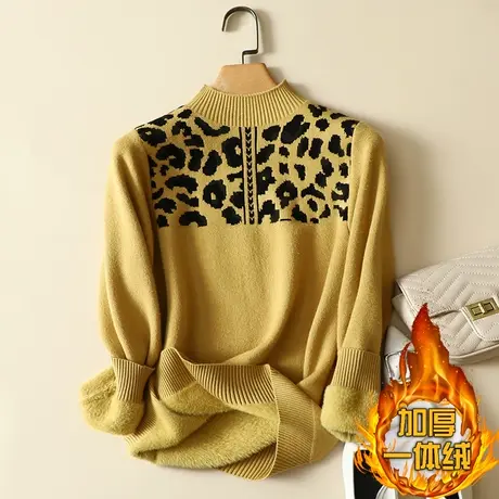 秋冬加绒毛衣女加厚一体绒内搭宽松半高领套头打底针织衫保暖上衣商品大图