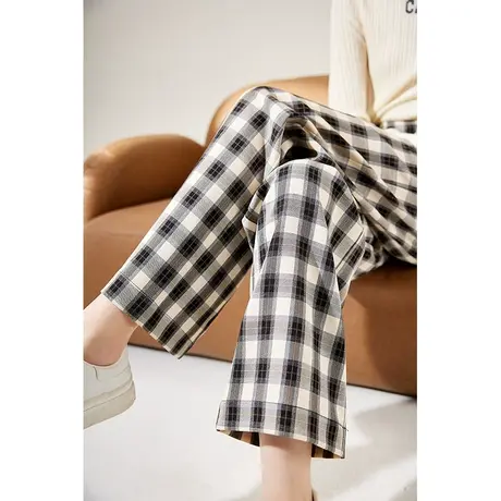 香影2023秋装新款休闲长裤时尚阔腿直筒裤设计感显瘦高腰格子裤女图片