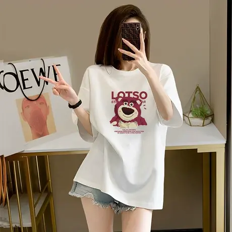 2023夏新款韩版宽松中长款草莓熊印花纯棉短袖t恤女爆款减龄上衣商品大图