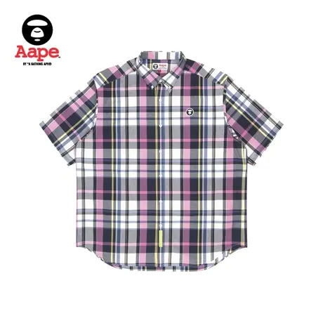 Aape旗舰店男装春夏酷帅印花格纹撞色短袖衬衫8401XCI商品大图