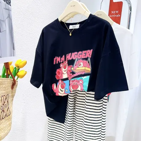 夏季韩国东大门ins小熊甜美减龄慵懒休闲纯棉短袖T恤宽松微胖显瘦商品大图