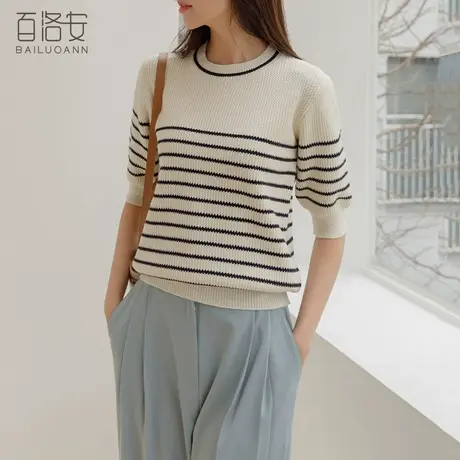 百洛安日常通勤条纹冰丝针织衫女夏百搭圆领短袖上衣冰凉触感T恤商品大图