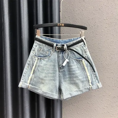 韩版小个子高腰a字阔腿裤港味女夏新款流苏设计显瘦卷边牛仔短裤商品大图