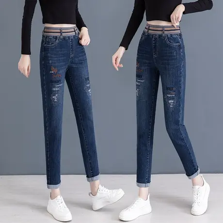 高腰牛仔裤女显瘦小脚裤秋季新款大码刺绣时尚修身弹力铅笔裤裤子图片