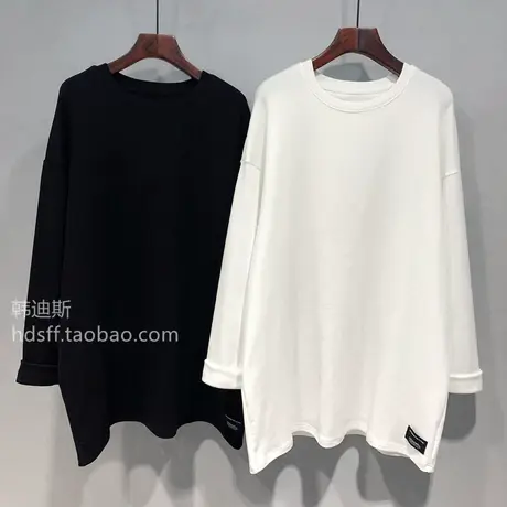 长袖t恤女秋冬装元熙新款ins潮标签装饰宽松韩范中长款加绒打底衫图片