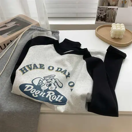 美式复古撞色圆领插肩袖磨毛T恤女春款宽松休闲百搭长袖打底衫潮图片