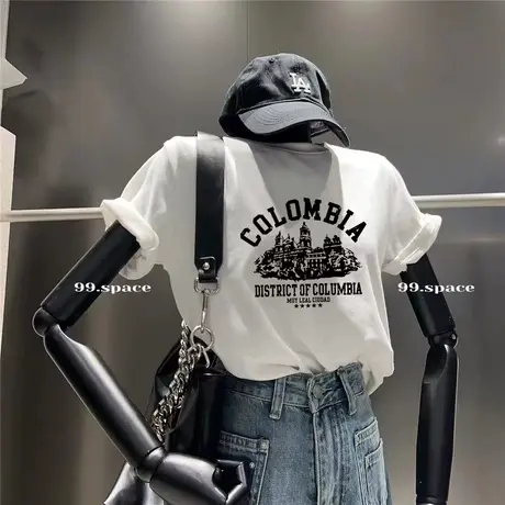 美式潮牌高街T恤女短袖夏季正肩仿棉重磅宽松设计感白色半袖上衣图片