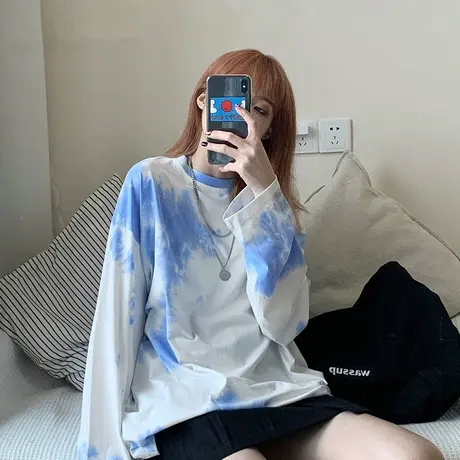 扎染长袖t恤女2023年新款春秋薄款韩版宽松慵懒风甜酷小众上衣夏商品大图