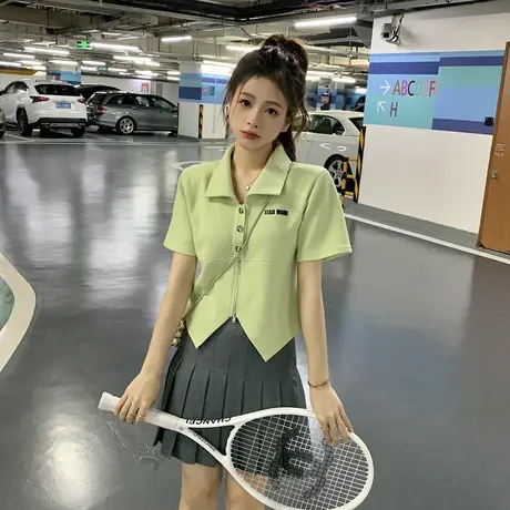 正肩Polo领短袖t恤女夏季修身小众设计感别致又甜又辣短款上衣ins商品大图