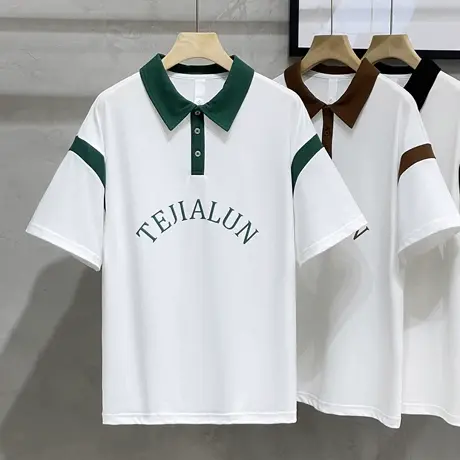 夏季美式休闲polo衫男短袖翻领T恤冰丝学院风宽松条纹撞色T恤上衣商品大图