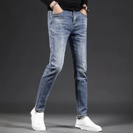 高级牛仔裤男秋冬季2022年新款潮流修身小脚蓝色百搭男士厚款裤子商品大图
